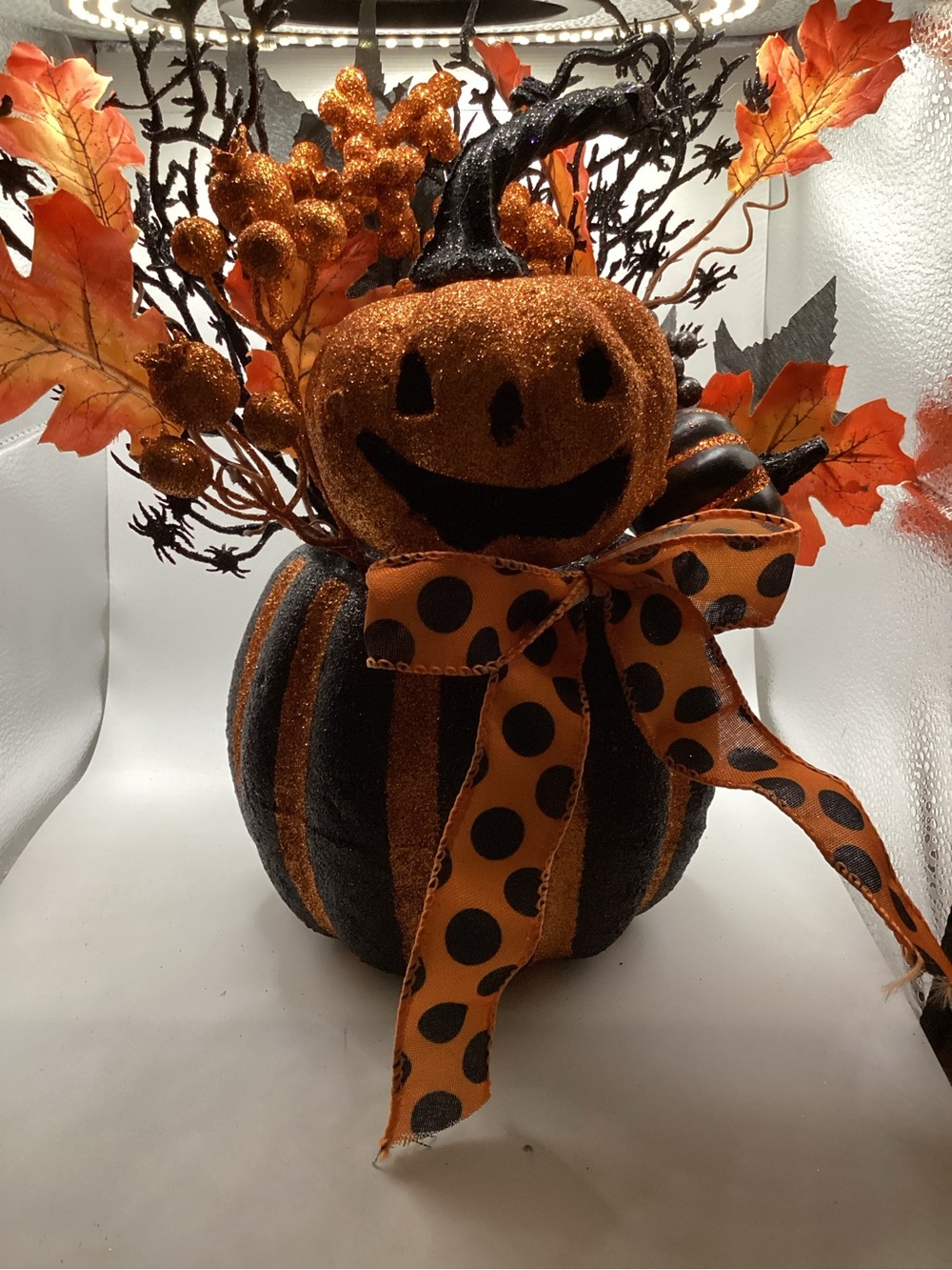 Orange and Black Glitter Jack-O'-Lantern Pumpkin Centerpiece